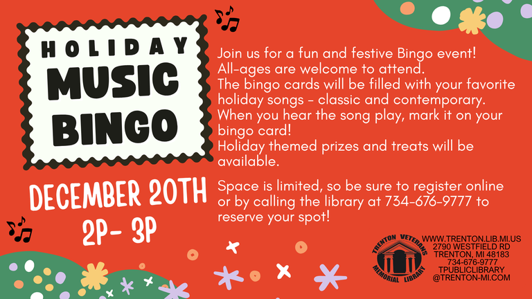 Holiday Music Bingo Flyer for Holiday Music Bingo that links to registration