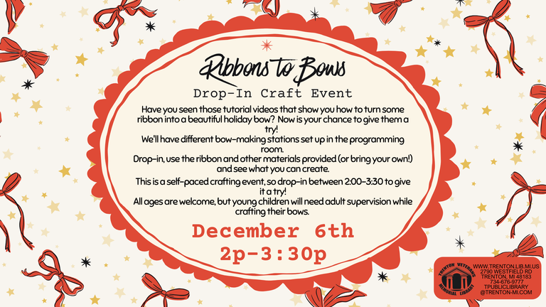 Ribbons to Bows Drop-In Craft Bow making drop-in craft flyer