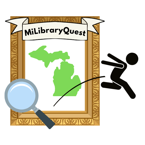 "MiLibraryQuest," a magnifying glass, and a stick person jumping out of a gilded frame containing an outline of Michigan