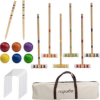 Croquet set of mallets, colored balls and wickets.
