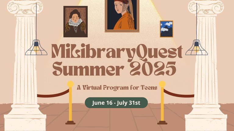 Art pieces and informational text that links to registration for a digital teen library quest