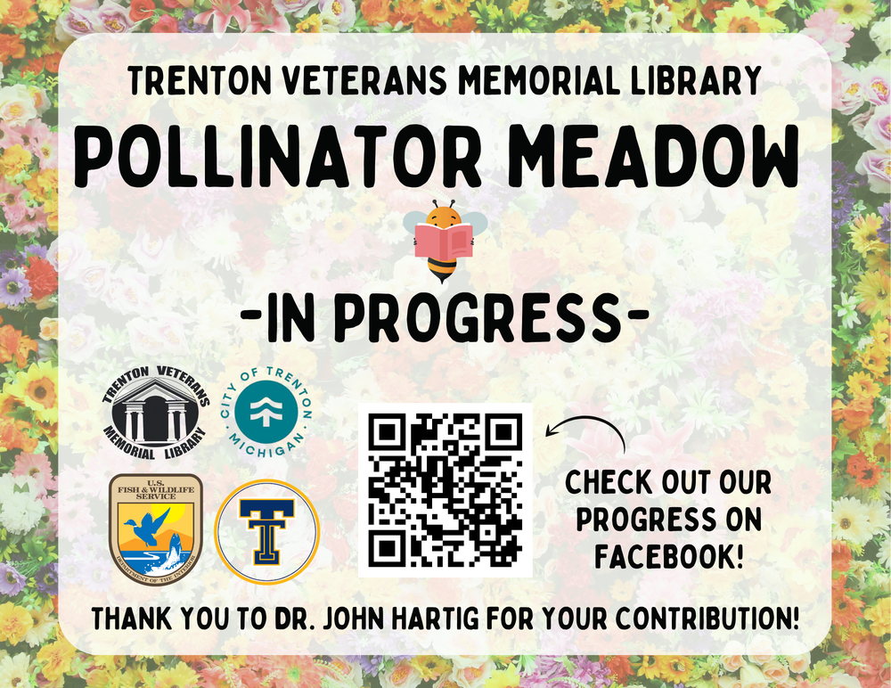 Floral border and a bee informing that a Pollinator Meadow is coming soon!