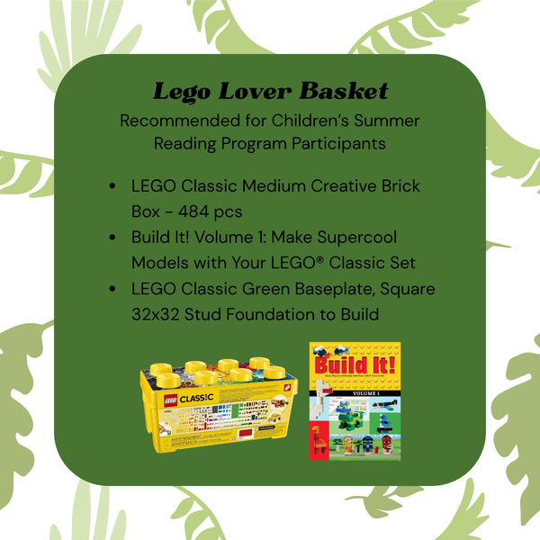 List of contents in the Lego Lovers Basket. 484 piece set of legos, a baseboard, and a book with "how to" builds.