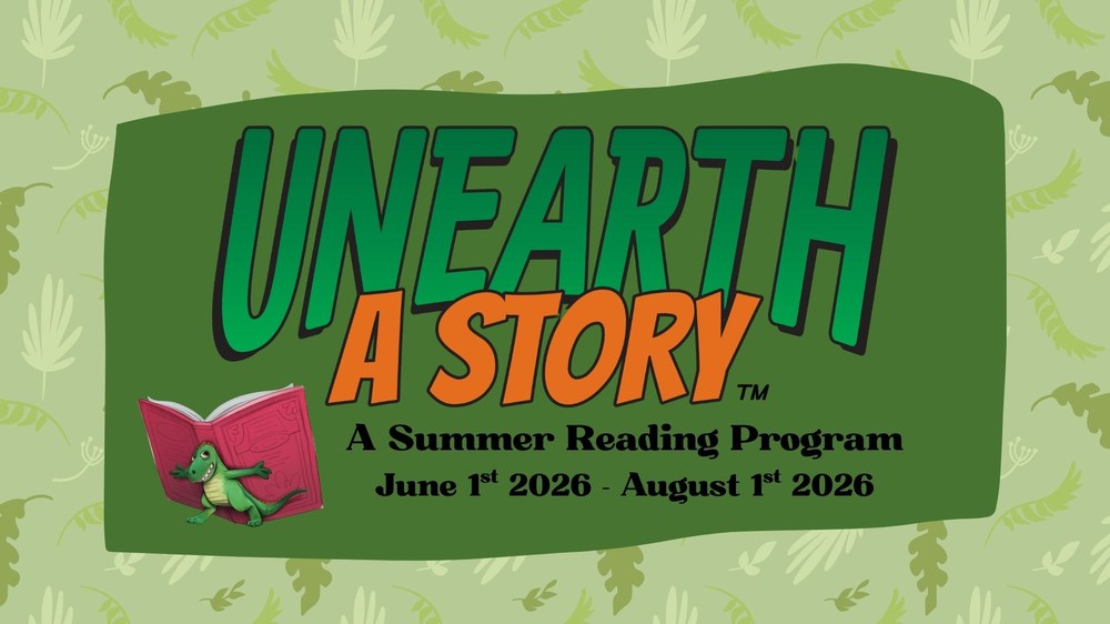 Light green background with a dark green shape. Green and orange text stating Unearth a Story. A small green dinosaur holding a large red book.