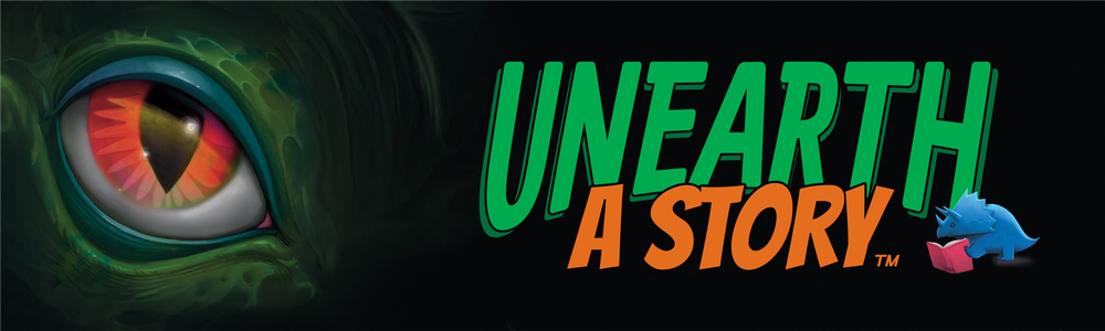 Register for the Summer Reading Program A black banner with a dinosaur eye and words saying Unearth a Story
