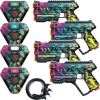 4 laser tag guns, 4 wearable vests, and 2 charging cables.