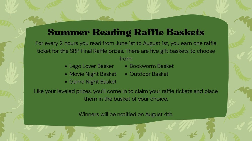 Lists titles of the raffle basket prizes