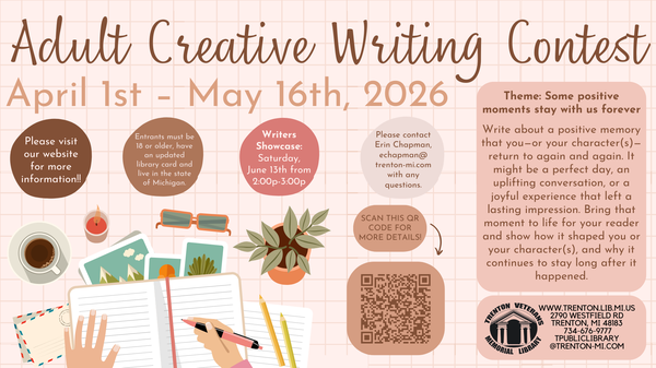 2026 Adult Creative Writing Contest Adult Creative Writing Contest flyer that links to the contest guidelines
