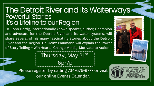 Flyer for a program about the Detroit River and its waterways that links to event registration