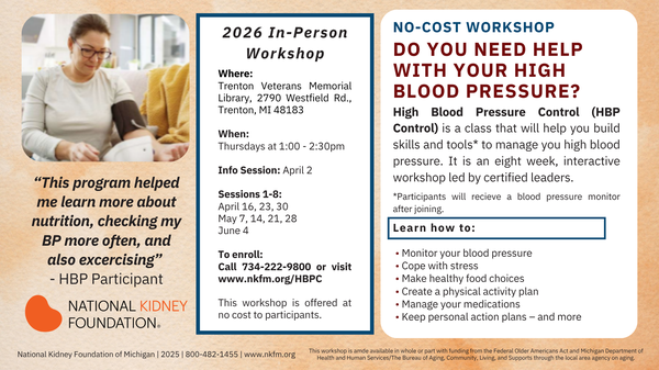 Flyer for a workshop about lowering High Blood Pressure that links to the events calendar
