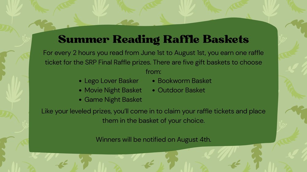 Lists titles of the raffle basket prizes