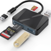 Memory card reader and adapter Memory card reader shown with SD card, micro SD card, flashdrive and usb adapter.