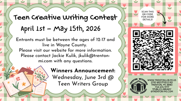 Teen Creative Writing Contest flyer that links to the guidelines pdf
