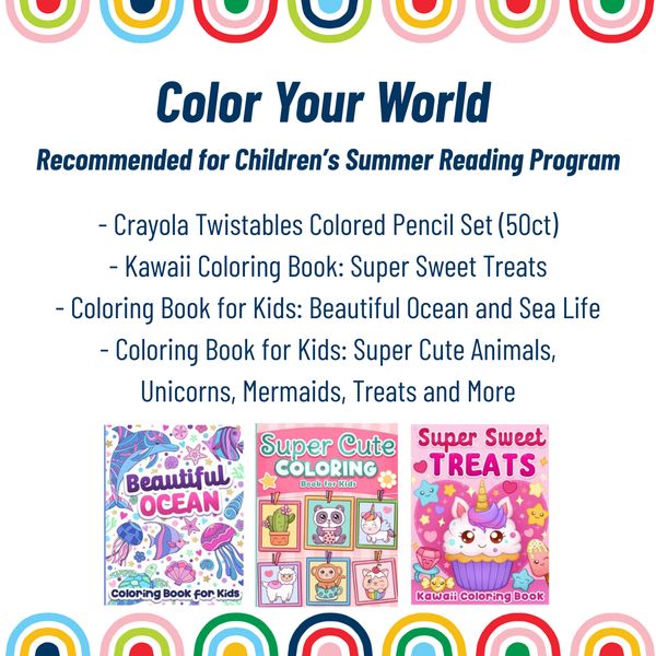 Color Your World Raffle Basket Lists basket contents including colored pencils and coloring books