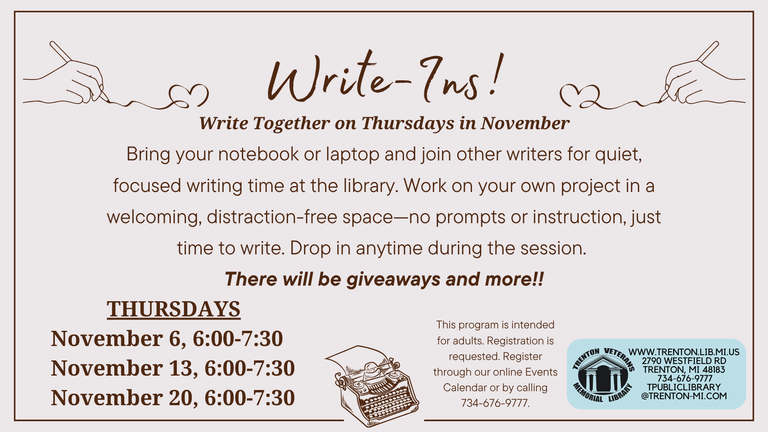 Write-In writing sessions on Thursdays in November